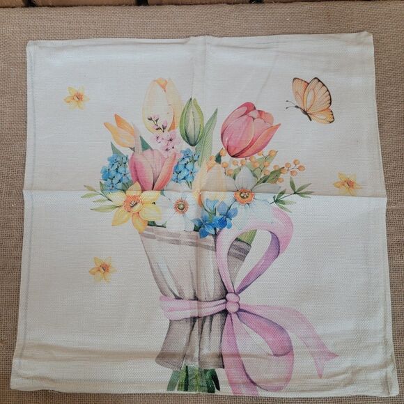Pair of Canvas Pillow Covers Spring Flowers Basket Vase Watercolor 18x18" New - Picture 4 of 6